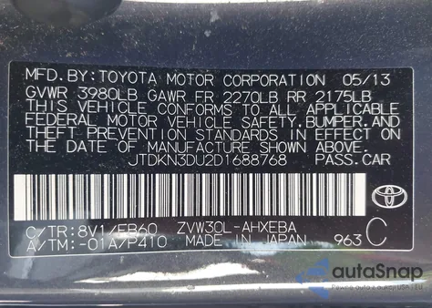 2013 Toyota Prius Three z USA, uszkodzony, nr VIN JTDKN3DU2D1688768